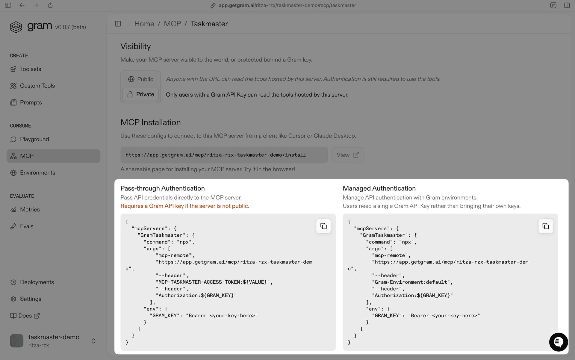 Screenshot showing the MCP server config dialog for the Taskmaster toolset