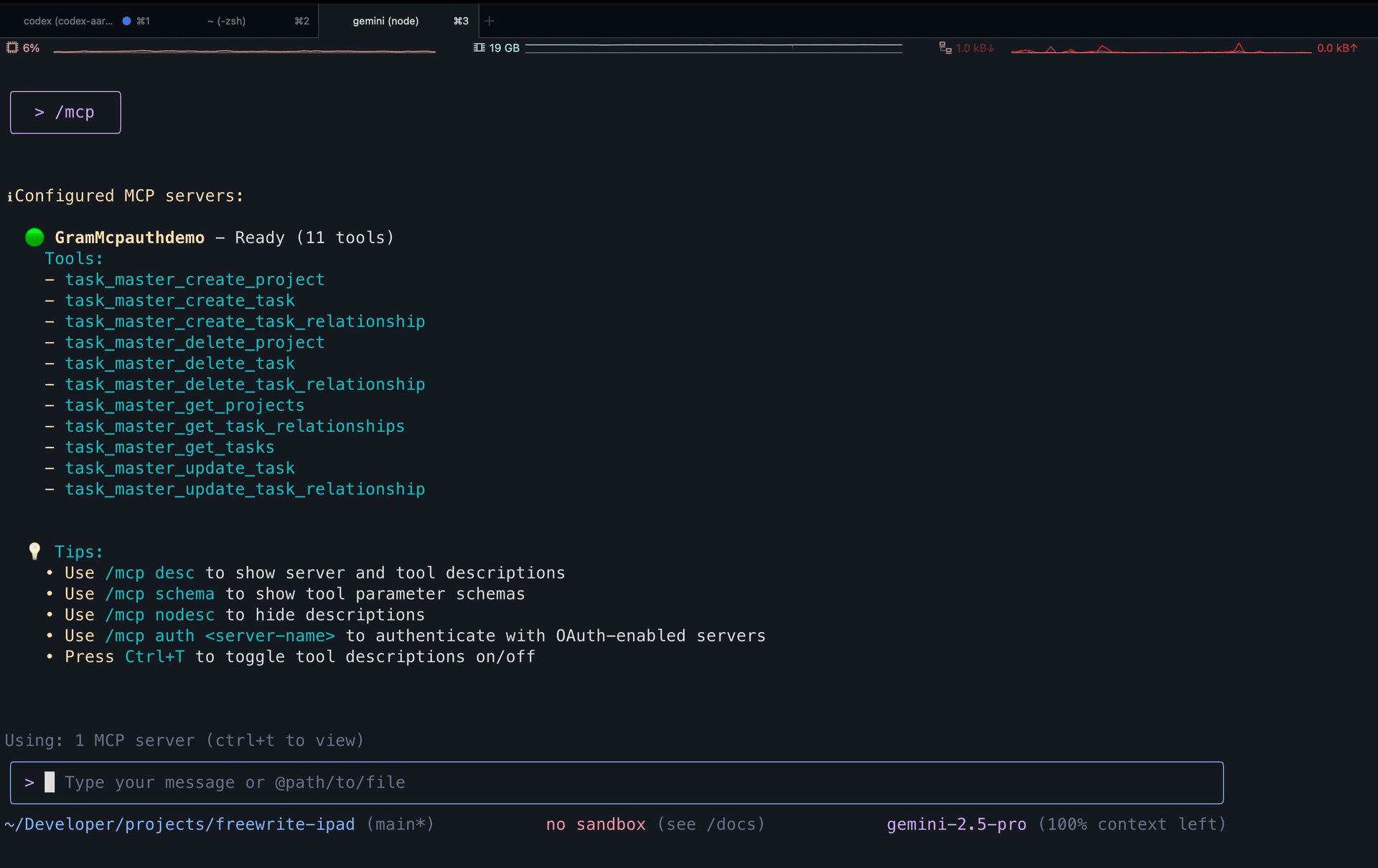 Screenshot showing Gemini CLI MCP server status with available tools