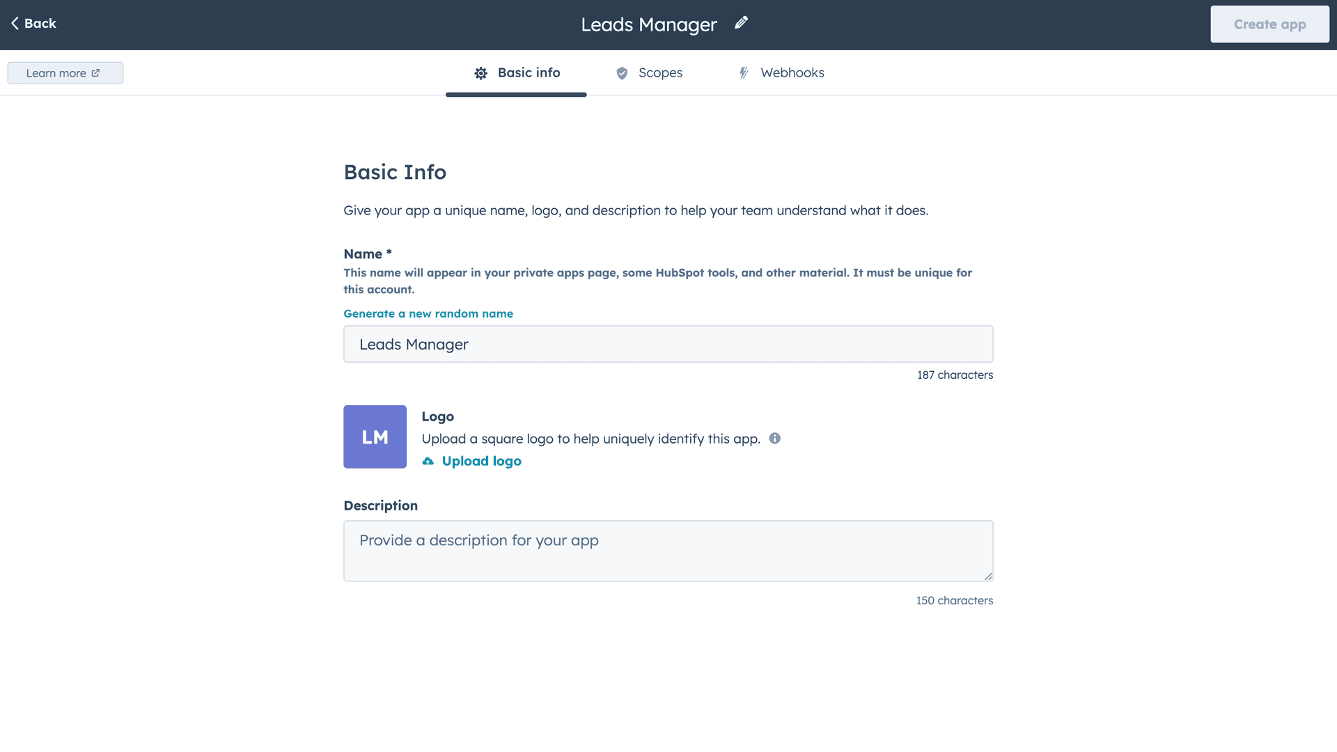 HubSpot private app creation form showing app name field