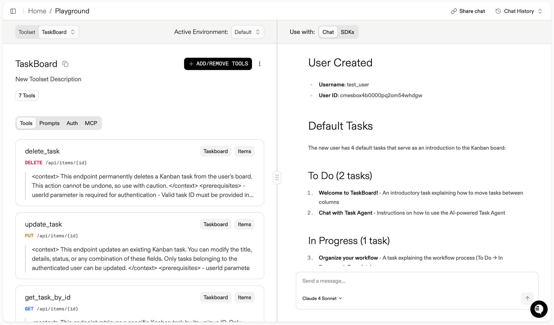 Testing the TaskBoard MCP tools in the Gram Playground