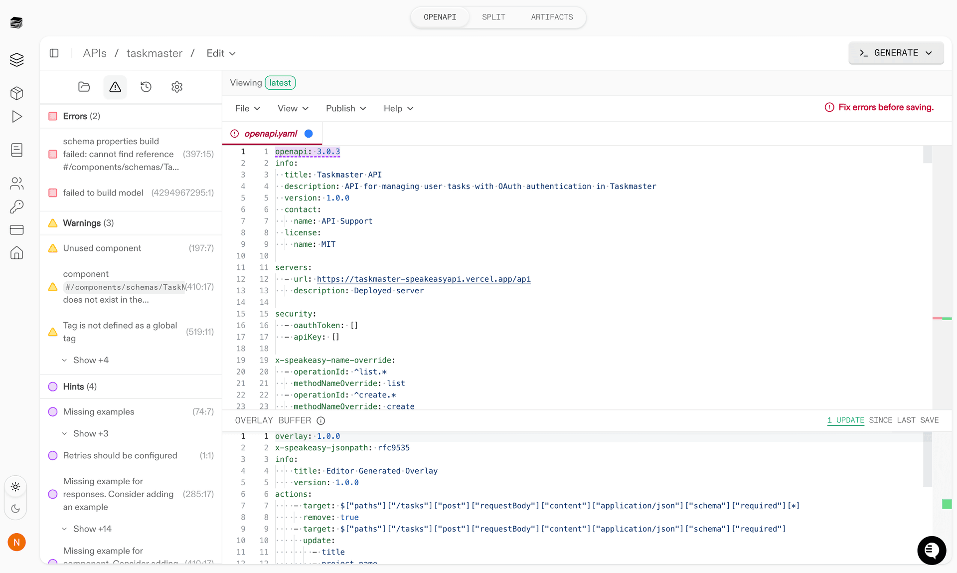 Screenshot of validation panel showing errors, warnings, and AI suggestions