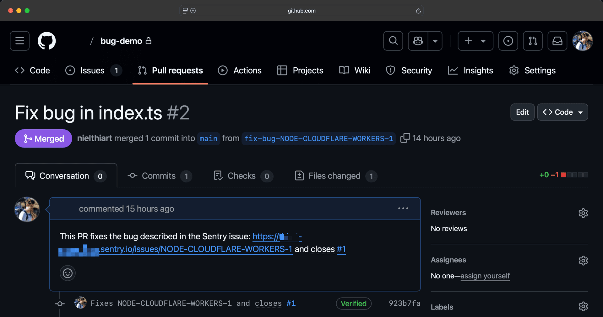 GitHub PR showing the bug fix about Sentry issue