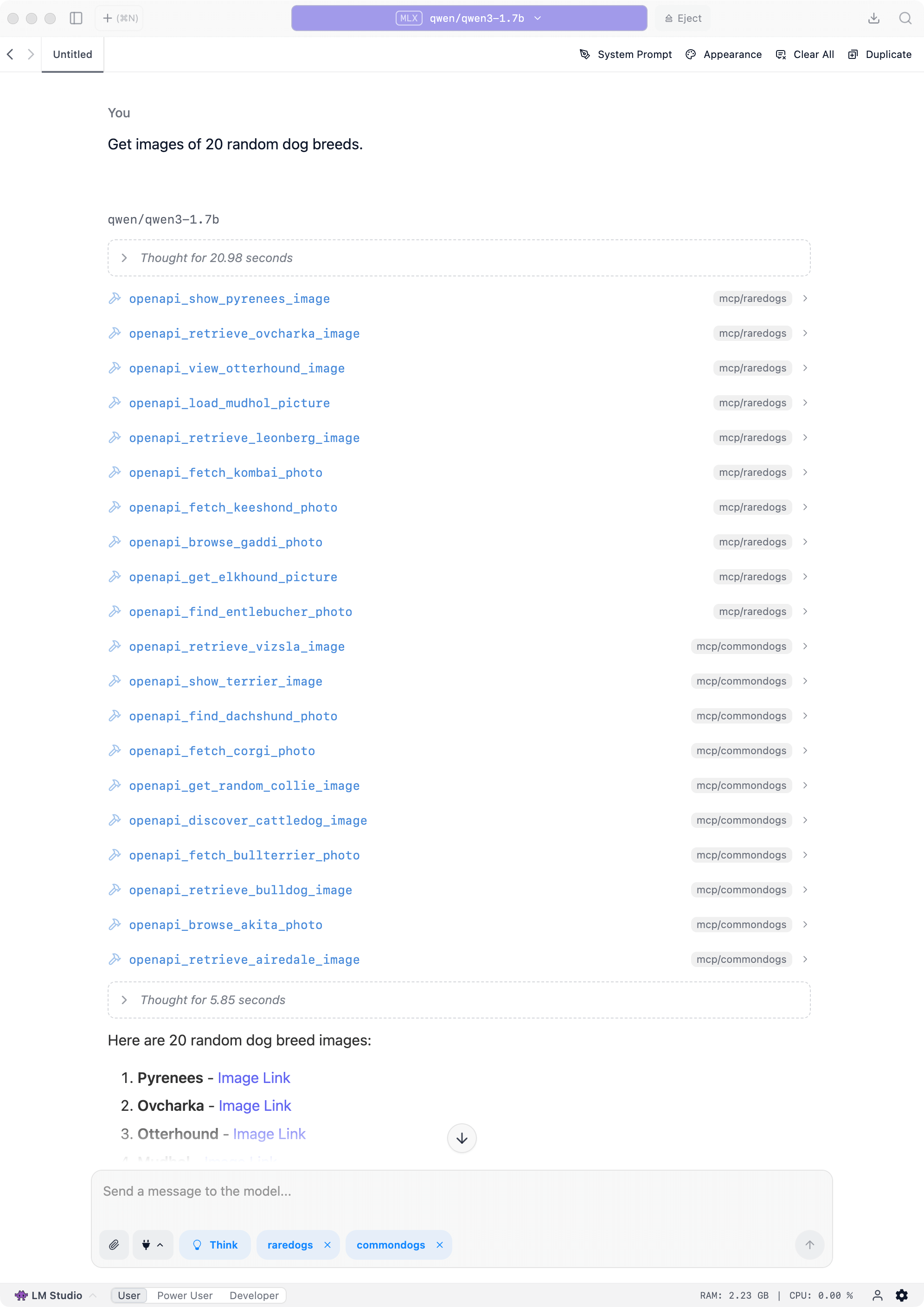 A screenshot of the LM Studio UI shows a conversation where the qwen3-1.7b model successfully uses MCP tools from multiple curated servers. The interface shows clean tool calls to two specialized servers, one for rare breeds and one for common breeds. The conversation demonstrates how splitting tools across multiple focused MCP servers allows smaller models to maintain accuracy while accessing a broader range of functionality through targeted, domain-specific tool sets.