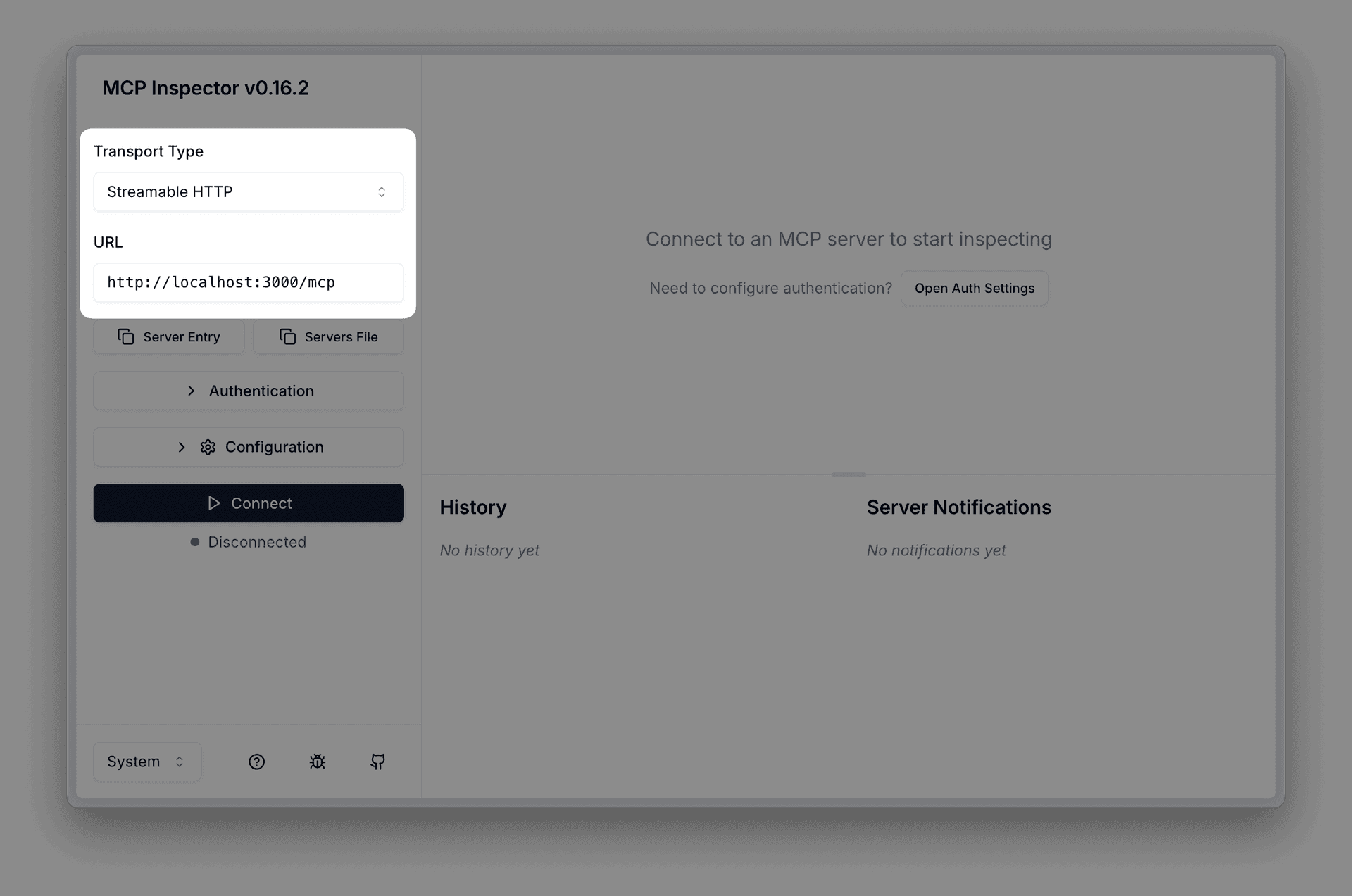 MCP Inspector with Streamable HTTP transport